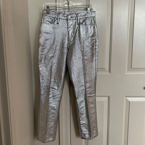 FRAME Le Sylvie Slender Straight Leg Jeans Silver Chrome Metallic Coated Size 27